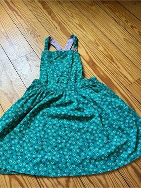 Mini Boden Green Floral Pinafore Dress with Pink Button Detail